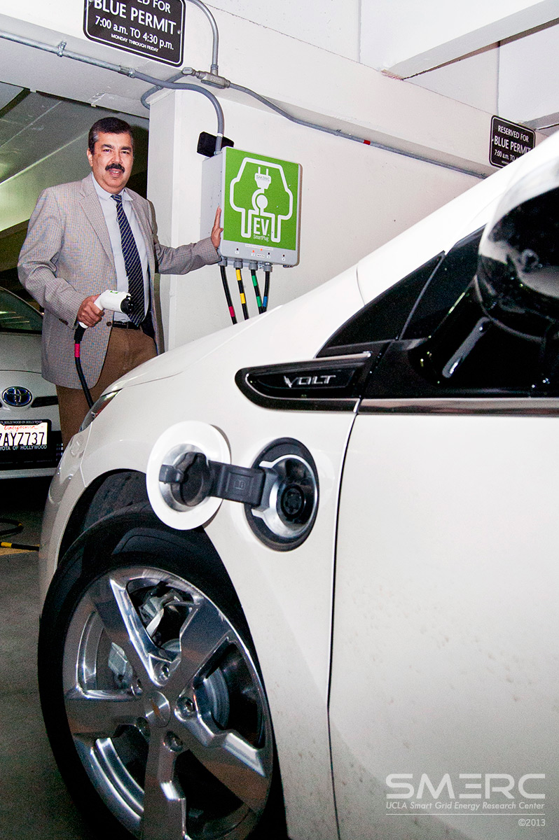 Professor Rajit Gadh and the Smart Grid Energy Research Center at UCLA are testing electric vehicle charging stations that opreate at times of lower energy need and give energy back to the grid at times of peak use.