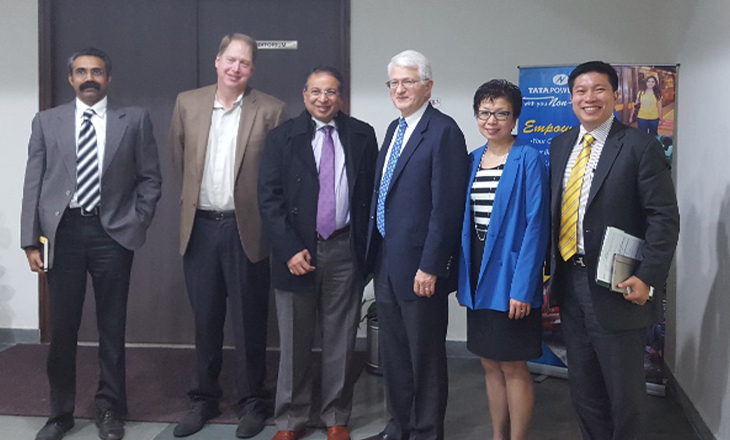 Representatives of Tata Power and UCLA, including Tata CEO Praveer Sinha, third from left, and UCLA Chancellor Gene Block, fourth from left, at Tata in January.